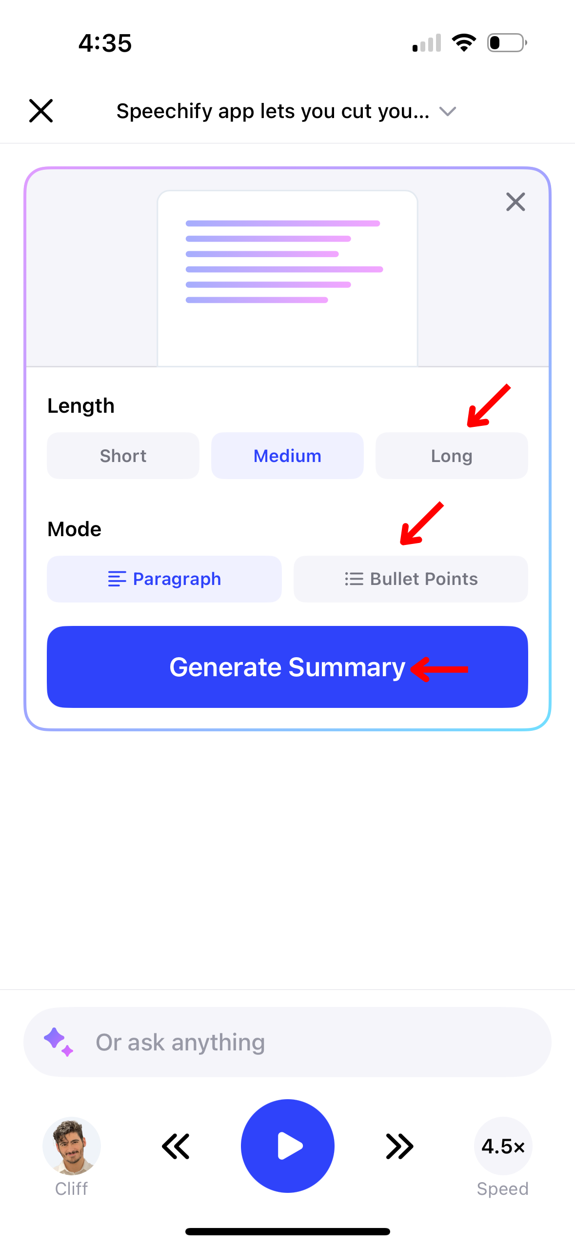 AI Summaries Settings on the Speechify iOS App